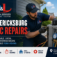 HVAC technician repairing an outdoor air conditioning unit in Fredericksburg VA with D and L Mechanical Services branding promoting professional HVAC repairs and maintenance.