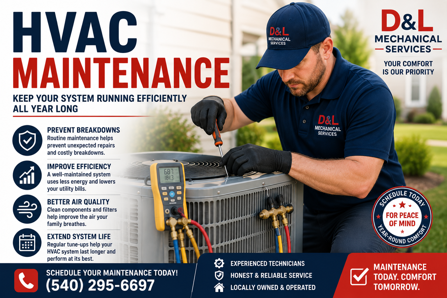 HVAC technician performing preventive maintenance on a residential air conditioning system in Fredericksburg, VA