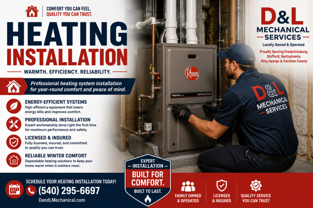 HVAC technician installing a high-efficiency Rheem gas furnace in a Fredericksburg, VA home
