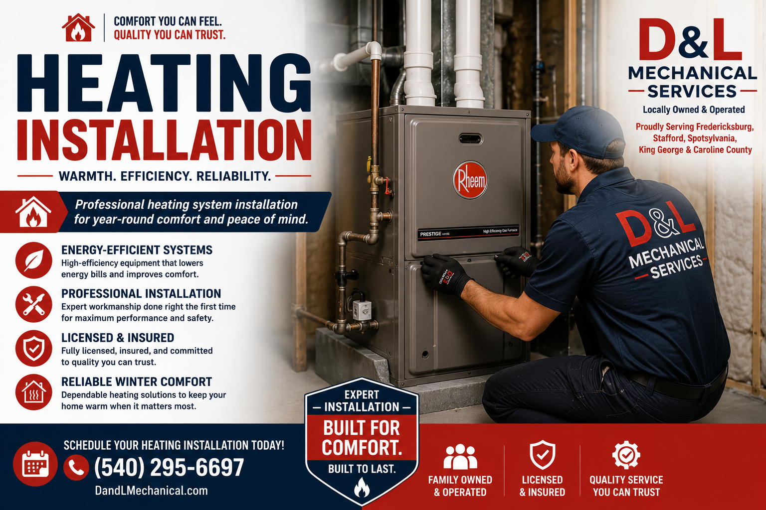 HVAC technician installing a new high-efficiency air conditioning system in Fredericksburg, VA