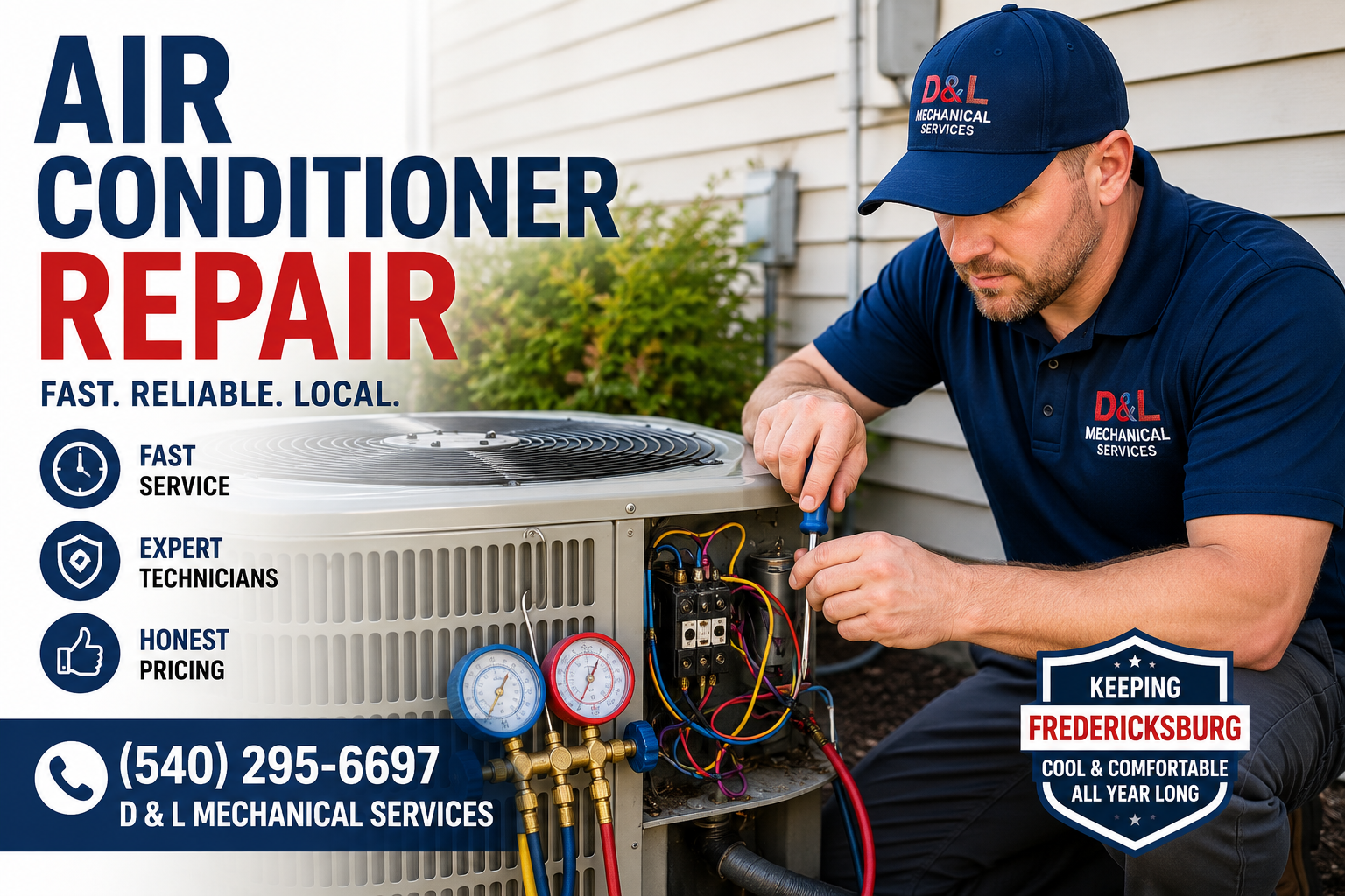 HVAC technician performing air conditioner repair on a residential AC unit in Fredericksburg, VA