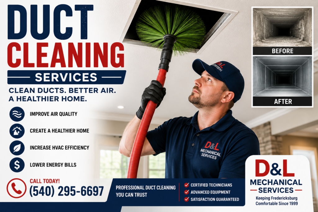 HVAC technician performing professional air duct cleaning services in a home in Fredericksburg, VA