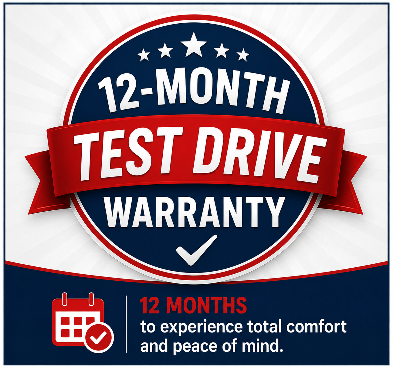 12-Month Test Drive Warranty badge from D & L Mechanical Services offering a 100% satisfaction guarantee on new HVAC system installations in Fredericksburg, VA.