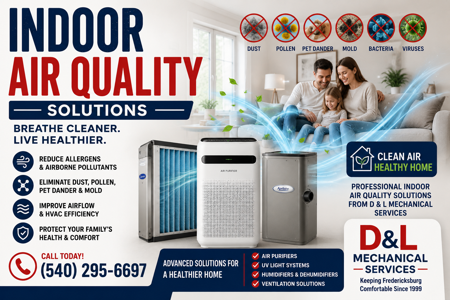 Indoor Air Quality Solutions by D & L Mechanical Services featuring air purifiers, HVAC filtration systems, UV air purification, and a healthy family in Fredericksburg, VA.