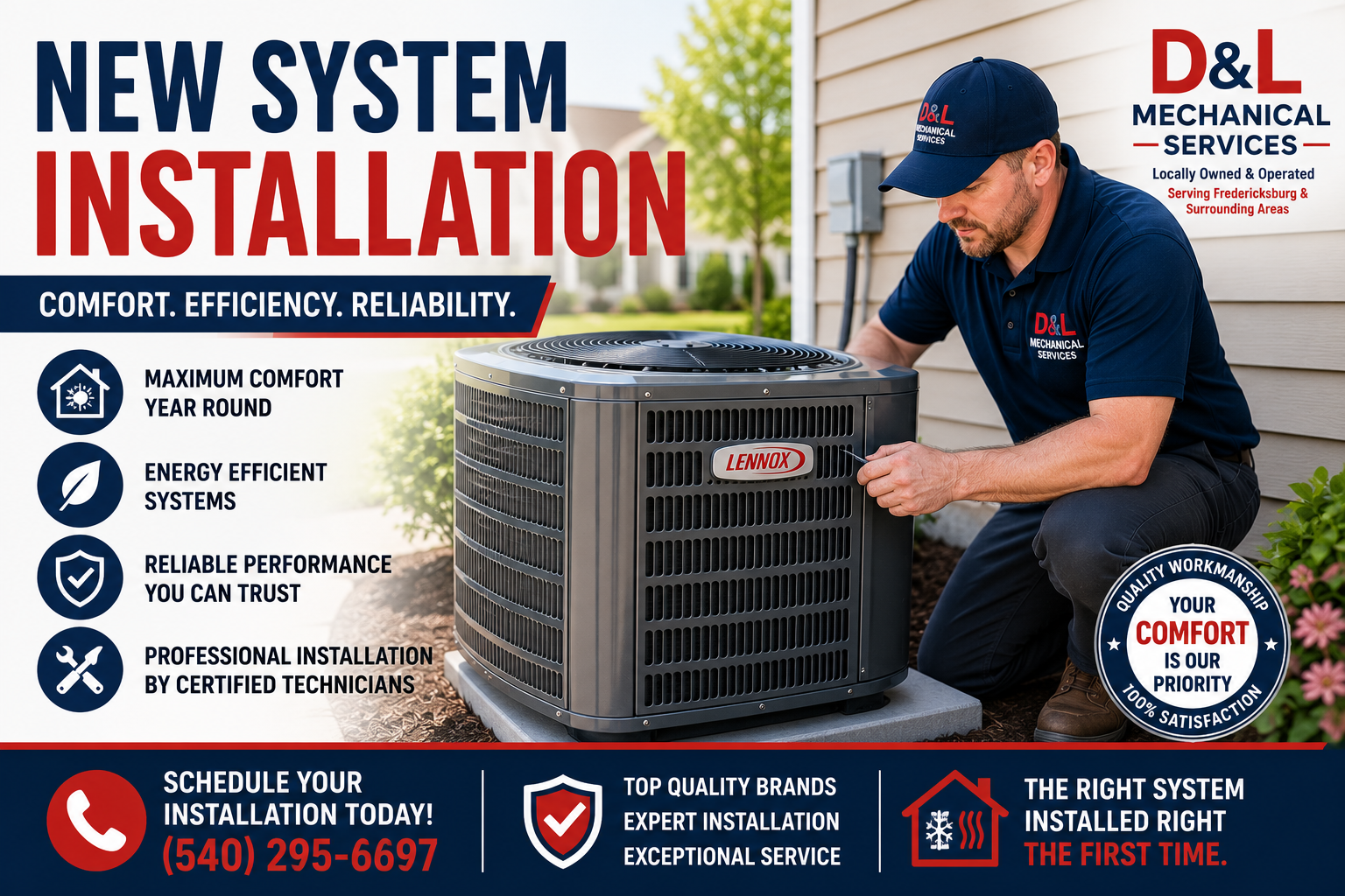 HVAC technician installing a new high-efficiency air conditioning system in Fredericksburg, VA