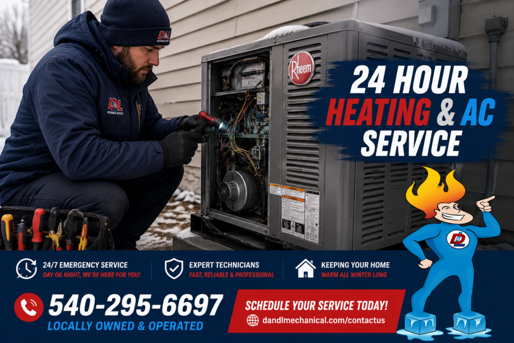 D & L Mechanical Services technician servicing a Rheem furnace and heat pump at a customer's home in Fredericksburg, VA during winter. Professional 24-hour emergency heating and AC repair.
