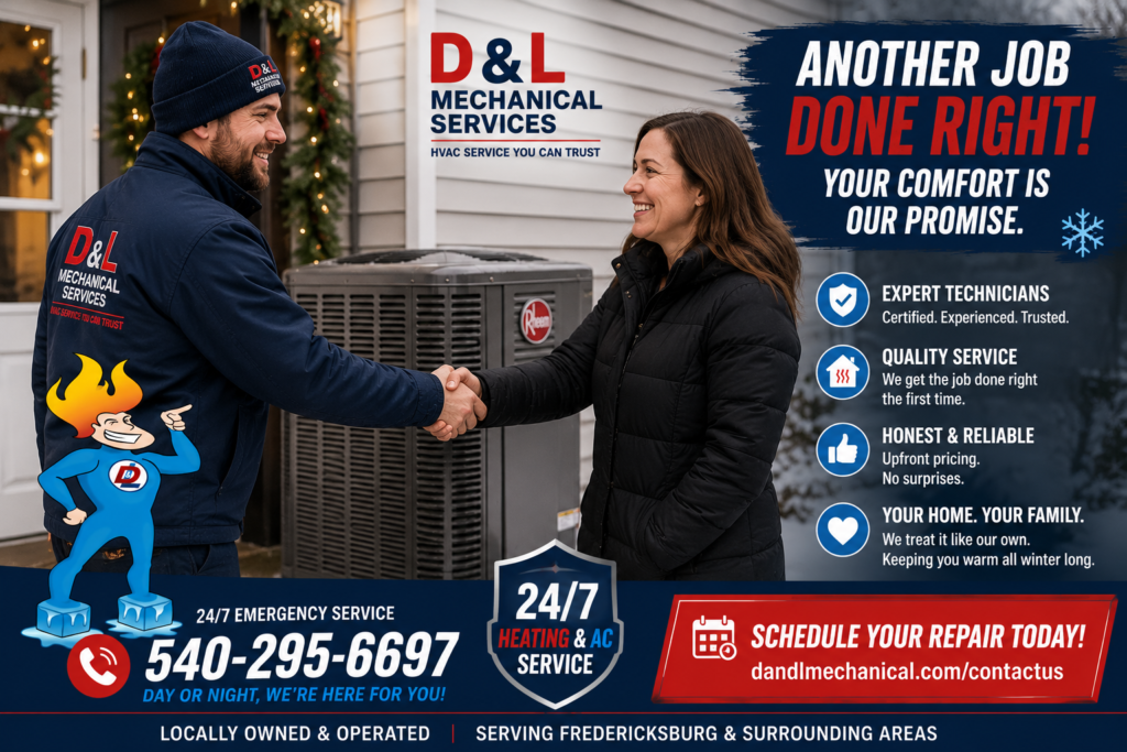 D & L Mechanical Services HVAC technician shaking hands with a happy homeowner after completing a Rheem heating and air conditioning repair in Fredericksburg, Virginia.