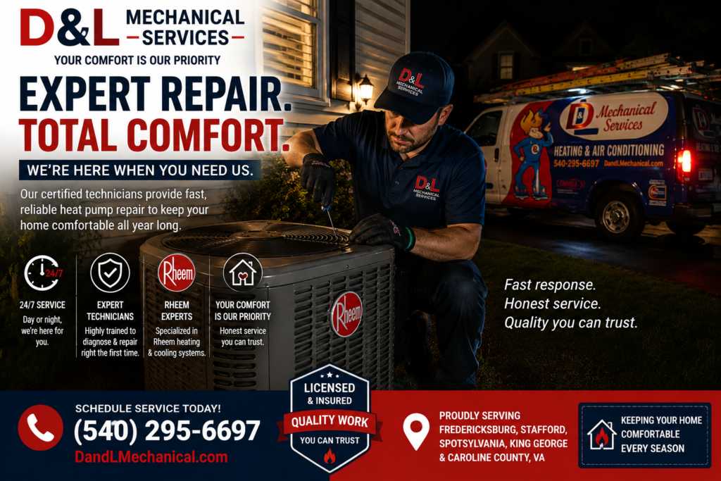 D & L Mechanical Services technician repairing a Rheem heat pump at a customer's home at night with a D & L service truck in the background in Fredericksburg, VA