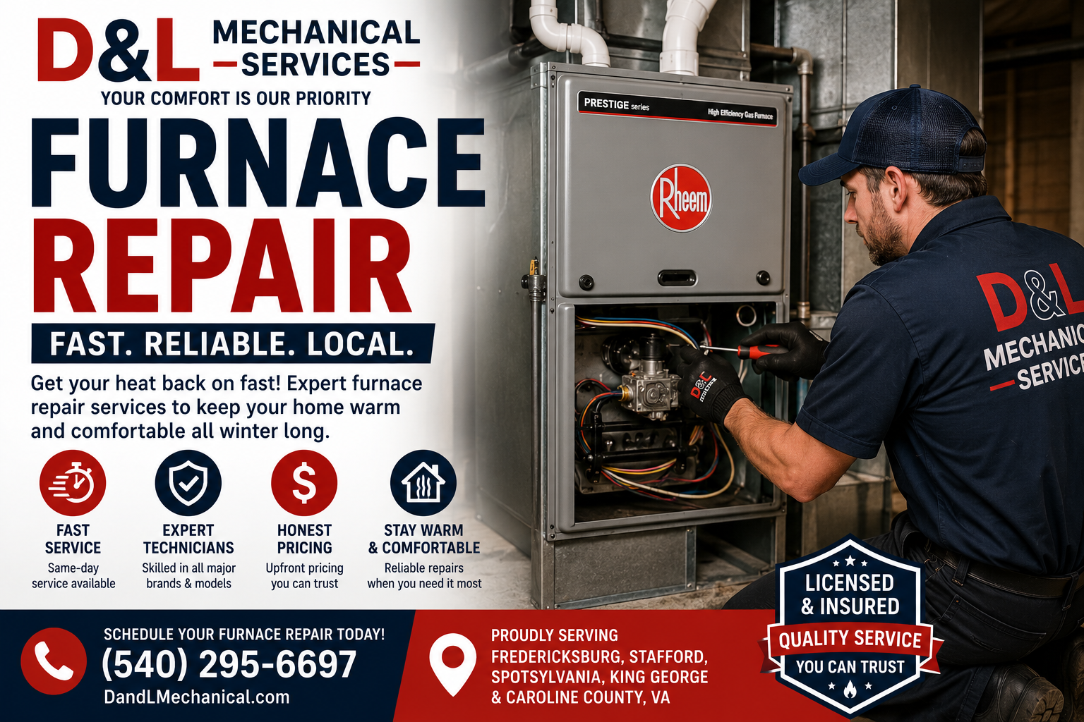 D & L Mechanical Services technician repairing a Rheem high-efficiency gas furnace in Fredericksburg, VA
