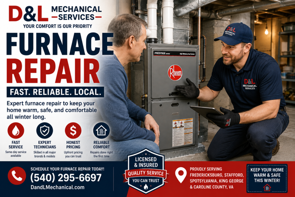 D & L Mechanical Services technician explaining a Rheem furnace repair to a homeowner in Fredericksburg, VA