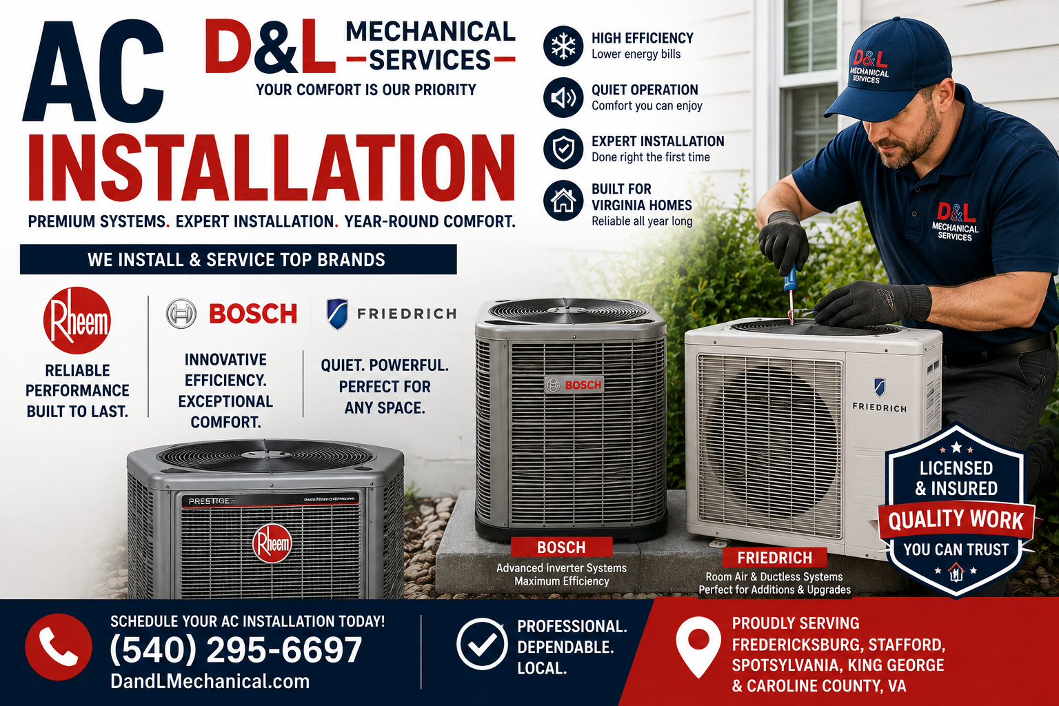 HVAC technician installing Rheem, Bosch, and Friedrich AC installation in Fredericksburg VA technician working on new system