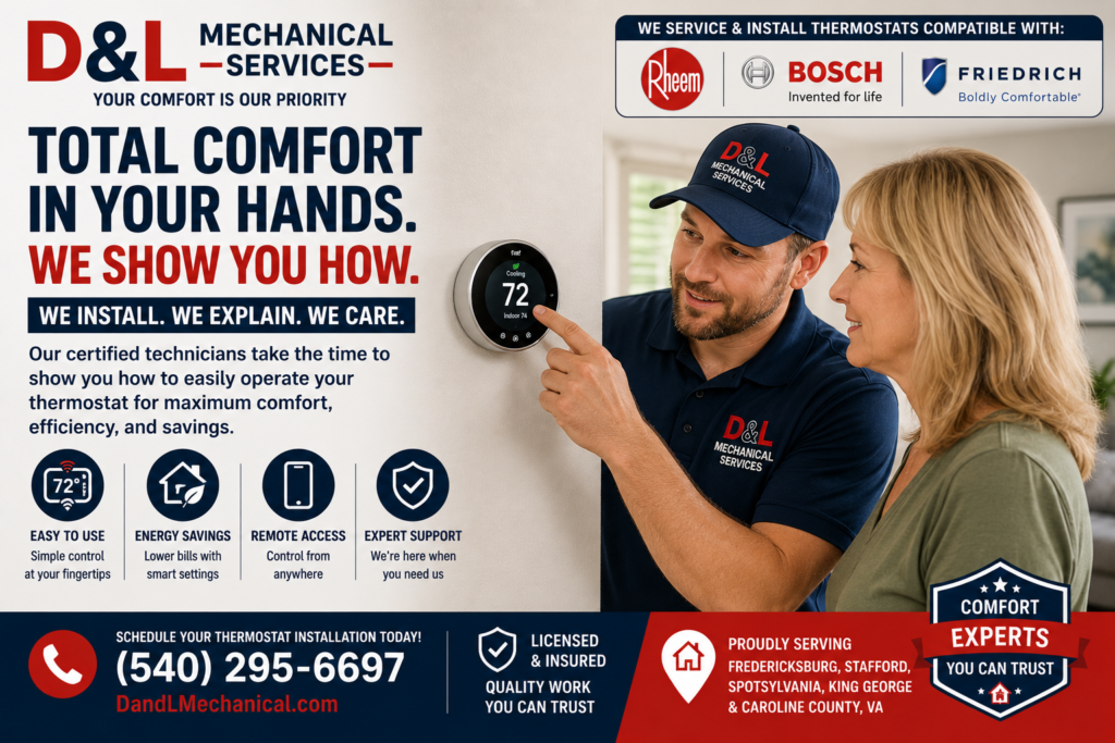 D & L Mechanical Services technician showing a homeowner how to operate a smart thermostat in Fredericksburg, VA