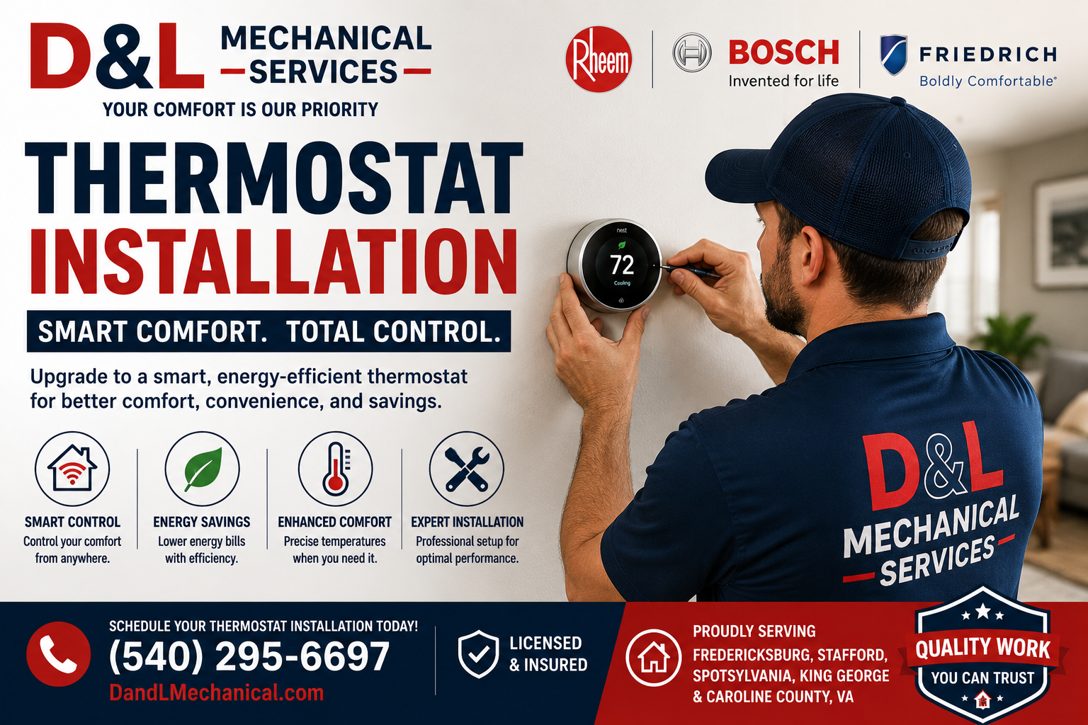 HVAC technician installing a smart thermostat compatible with Rheem, Bosch, and Friedrich HVAC systems in Fredericksburg, VA