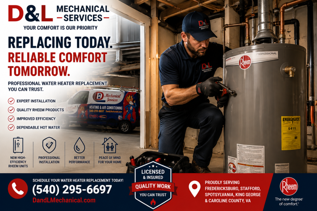 D & L Mechanical Services technician replacing a Rheem water heater at a customer's home in Fredericksburg, VA